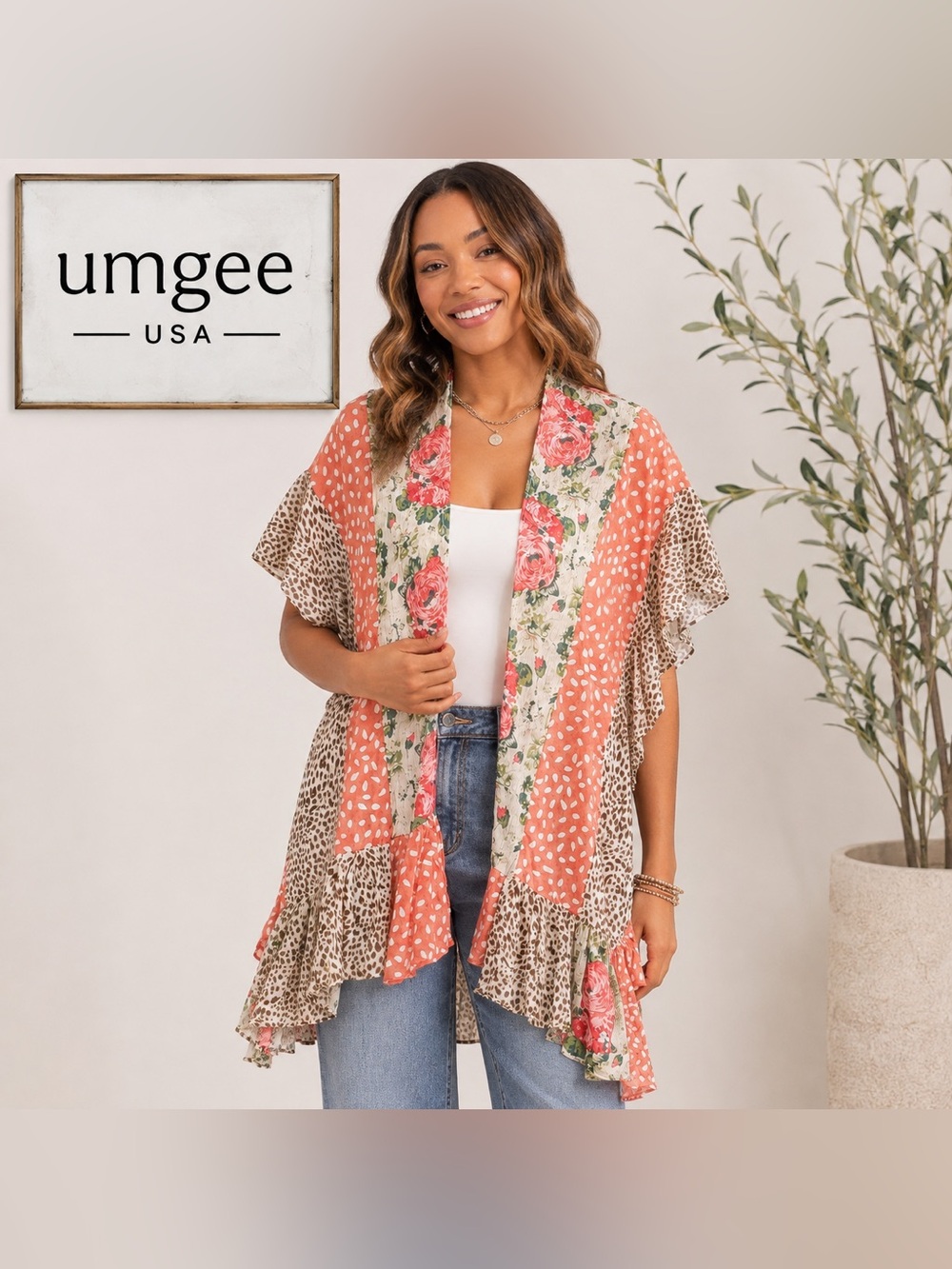 Umgee USA Off White Floral Animal Print Kimono (S-1X)